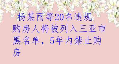  杨某雨等20名违规购房人将被列入三亚市黑名单，5年内禁止购房