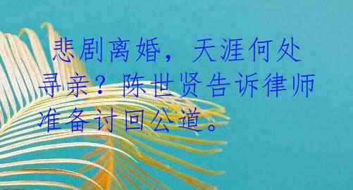  悲剧离婚，天涯何处寻亲？陈世贤告诉律师准备讨回公道。