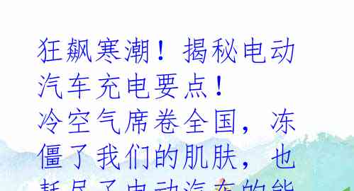 狂飙寒潮！揭秘电动汽车充电要点！

冷空气席卷全国，冻僵了我们的肌肤，也耗尽了电动汽车的能量。准备给你的爱车添点料吧！首