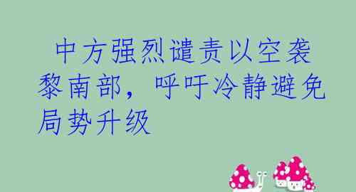  中方强烈谴责以空袭黎南部，呼吁冷静避免局势升级